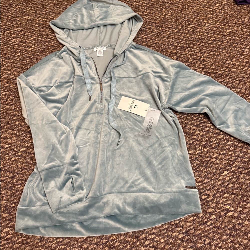 Nine West Active Hoodie Velour Plush Soft Blue Medium | NWT | Lounge/Workout
